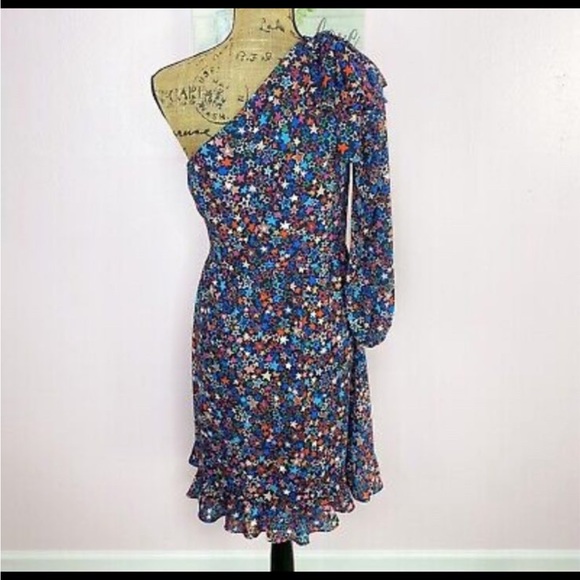 J. Crew Kaleidoscope Stars One Shoulder Dress Blue Multi Bow Ruffle - Picture 2 of 9